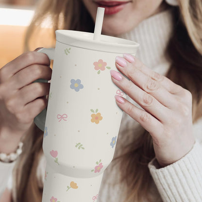 Skiennix Floral 40oz Slider Tumbler - Insulated Stainless Steel Travel Mug with Handle & Straw for Women