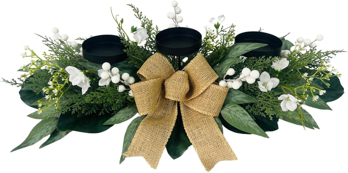 Skiennix Candle Holders - 3 Wick Centerpiece with Gypsophila, Magnolia & Freesia | Elegant Table Decor