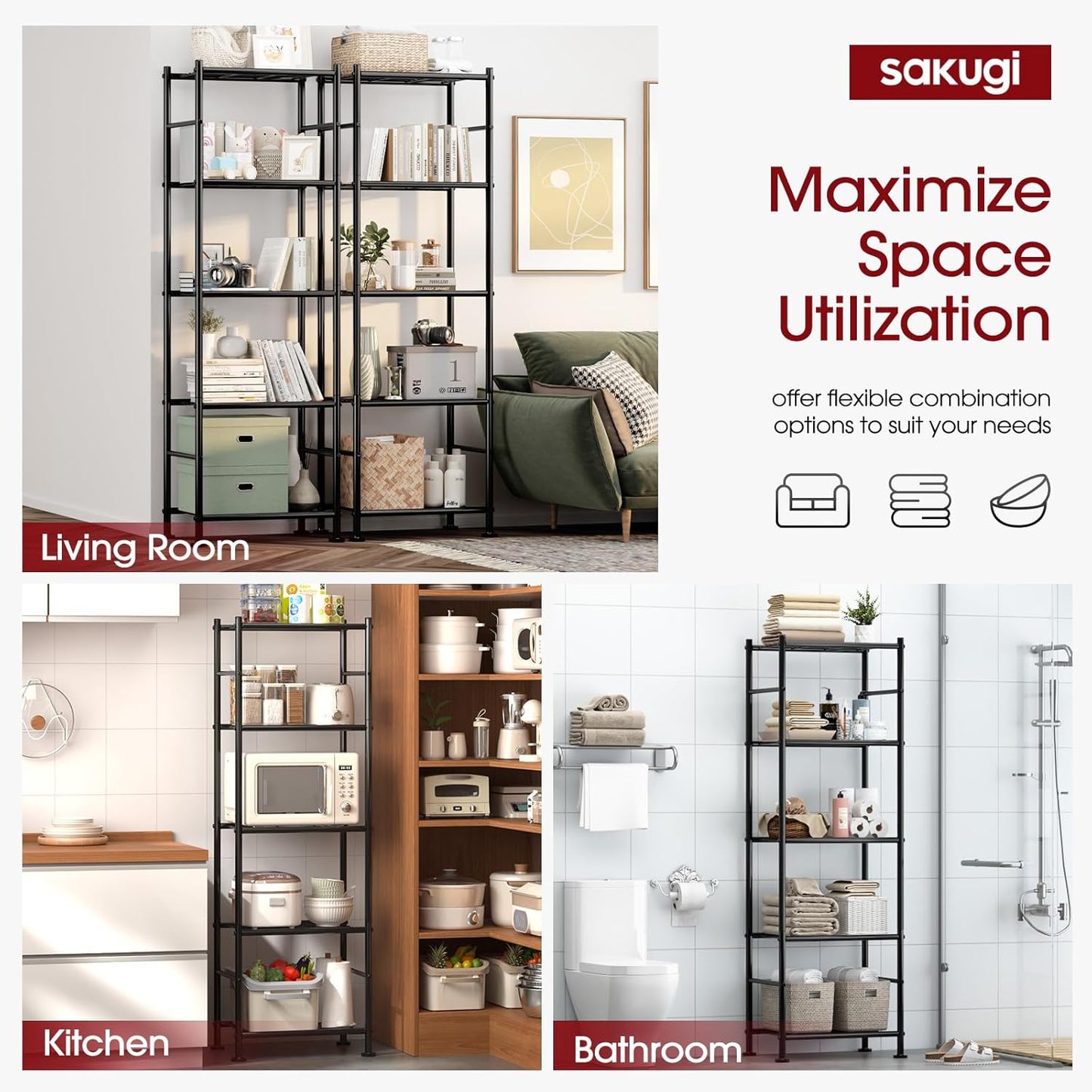 Sakugi Storage Shelves - Heavy Duty 5-Tier Shelf Organizer for Kitchen, Pantry & Garage | 18.4" W x 12.6" D x 57.4" H, Black