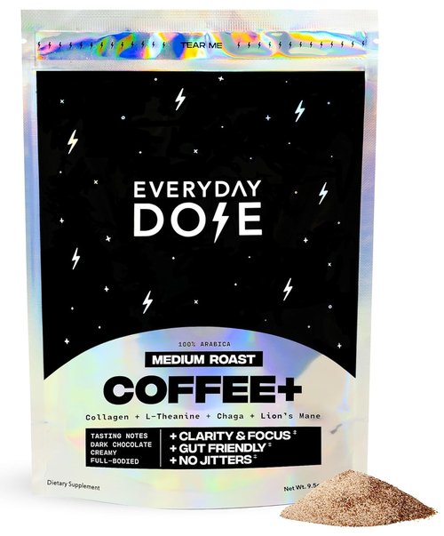 Everyday Dose Bold Medium Roast Mushroom Coffee - 90mg Caffeine, Grass-Fed Collagen & Superfoods | 30 Servings