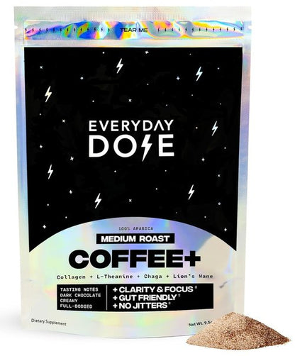 Everyday Dose Bold Medium Roast Mushroom Coffee - 90mg Caffeine, Grass-Fed Collagen & Superfoods | 30 Servings