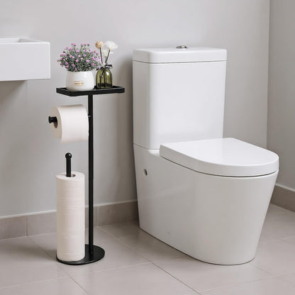 Skiennix Free Standing Toilet Paper Holder - Sturdy Black Tissue Roll Stand with Phone Shelf, Holds 5 Rolls