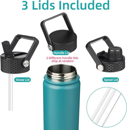 Skiennix 18 oz Insulated Stainless Steel Water Bottle - Durable Sport Bottle with 3 Lids | Light Blue