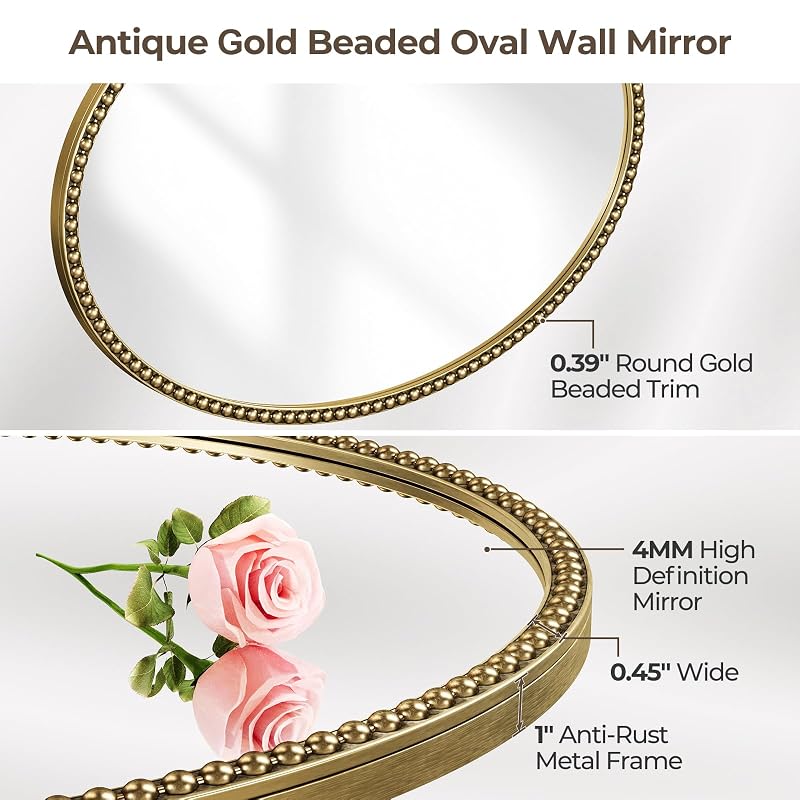 Oval Gold Beaded Mirror 36x24 Vintage Wall Mirror - Variation: Retro Gold 36L x 24W