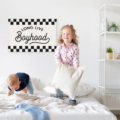 ETVISO Long Live Boyhood Black and White Checkered Boys Room Decor - Linen Banner Wall Hanging Canvas Banner Flag Decor for Toddler Boy Bedroom Nursery Playroom