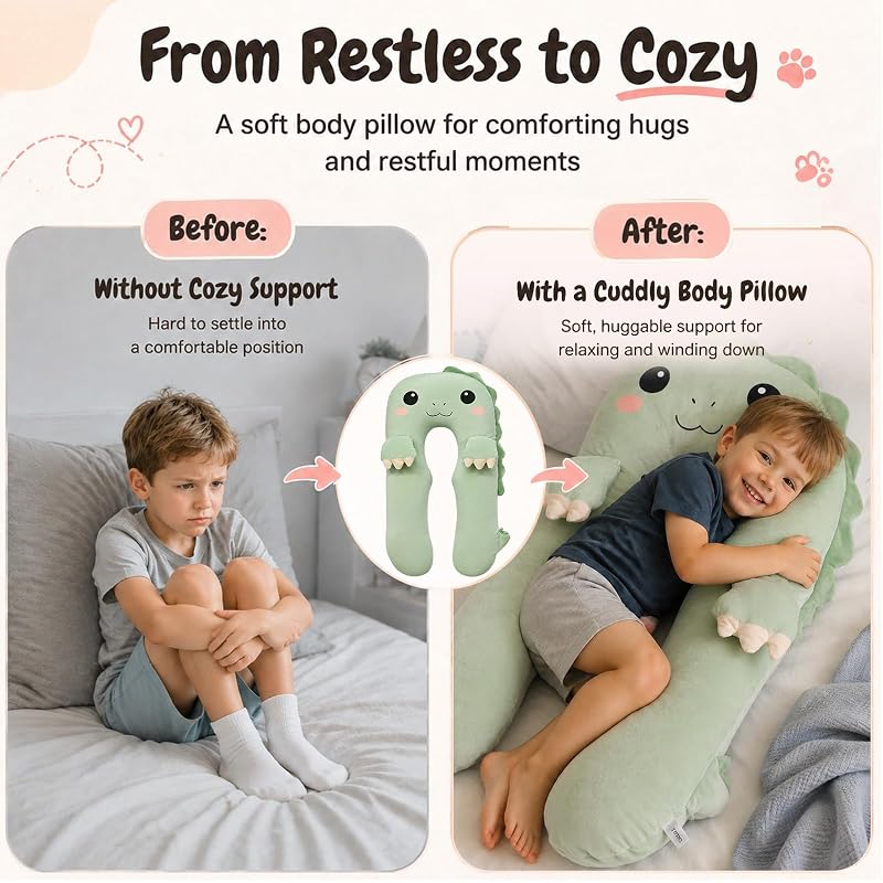 Green Dinosaur U Shaped Kids Body Pillow - Plush Toddler Comfort Pillow