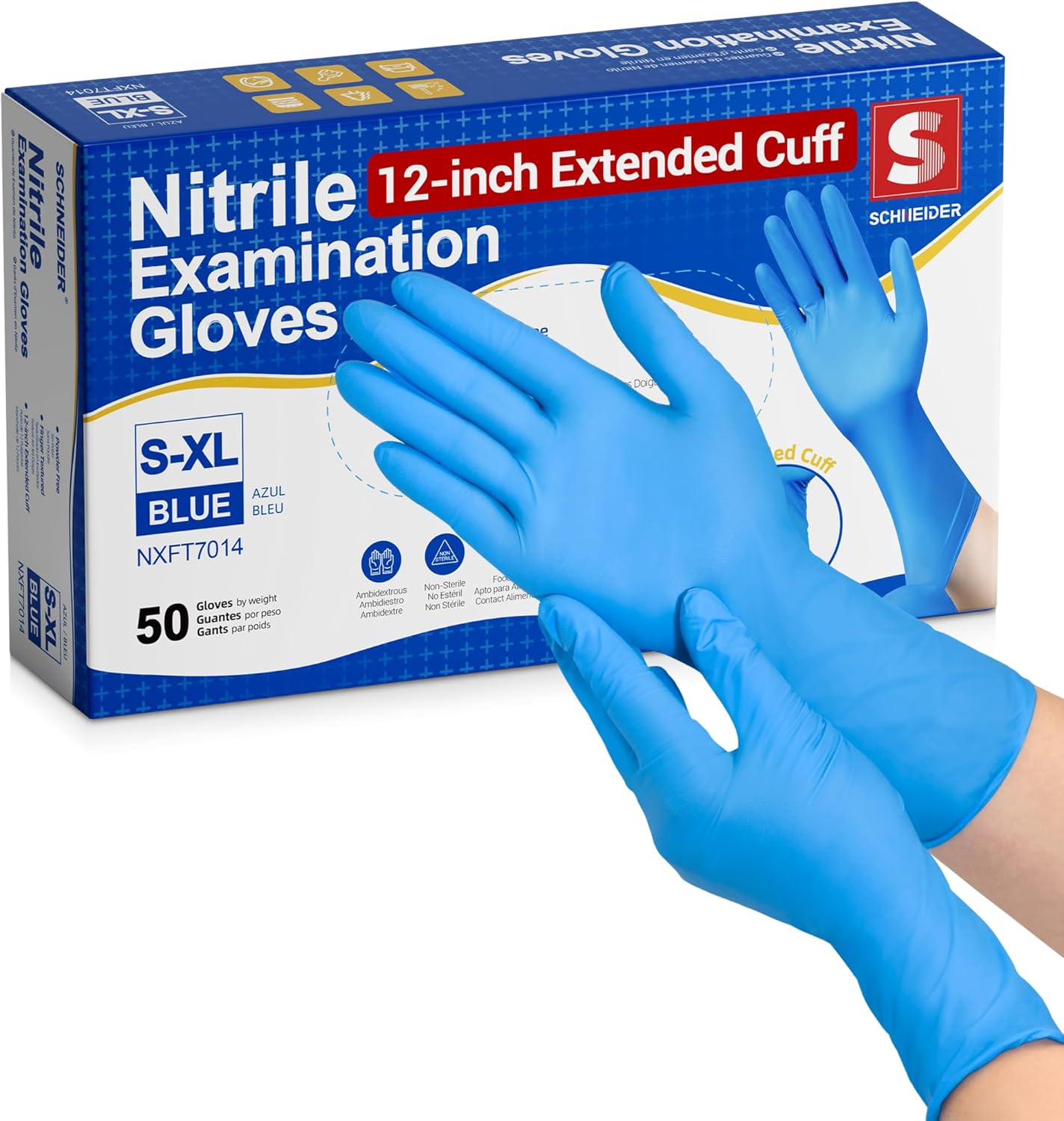 Schneider Nitrile Exam Gloves - 12-Inch Extended Cuff, Small, 50-Count | Latex-Free, Powder-Free, Blue