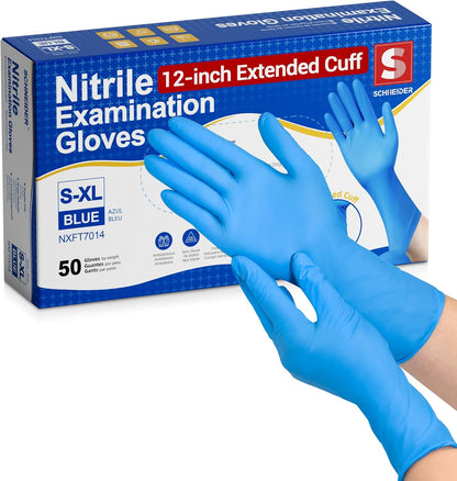 Schneider Nitrile Exam Gloves - Extended 12-Inch Cuff, Medium, 4 Mil, 50-Count | Latex-Free, Powder-Free, Blue