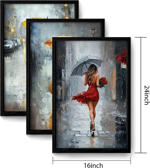 JIMUJIA 3-Piece Canvas Art - Abstract Yellow & Red Umbrella City Scene | Framed Wall Decor 16x24 Inch