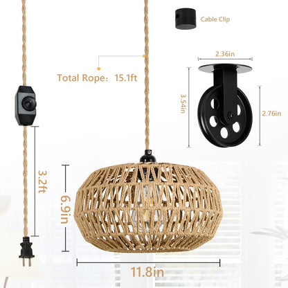 Rattan Plug in Pendant Light with LED Bulb&Pulley, Boho Hanging Lights with Plug in Cord 15ft, Wicker Woven Chandelier Light Fixtures with Dimmer Switch for Bedroom Living Dinning Room Kitchen