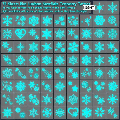 CHARLENT Blue Luminous Snowflake Temporary Tattoos - 74 Sheets of White Snowflake Designs for Kids & Adults | Perfect for Winter & Christmas Parties