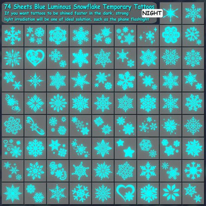 CHARLENT Blue Luminous Snowflake Temporary Tattoos - 74 Sheets of White Snowflake Designs for Kids & Adults | Perfect for Winter & Christmas Parties