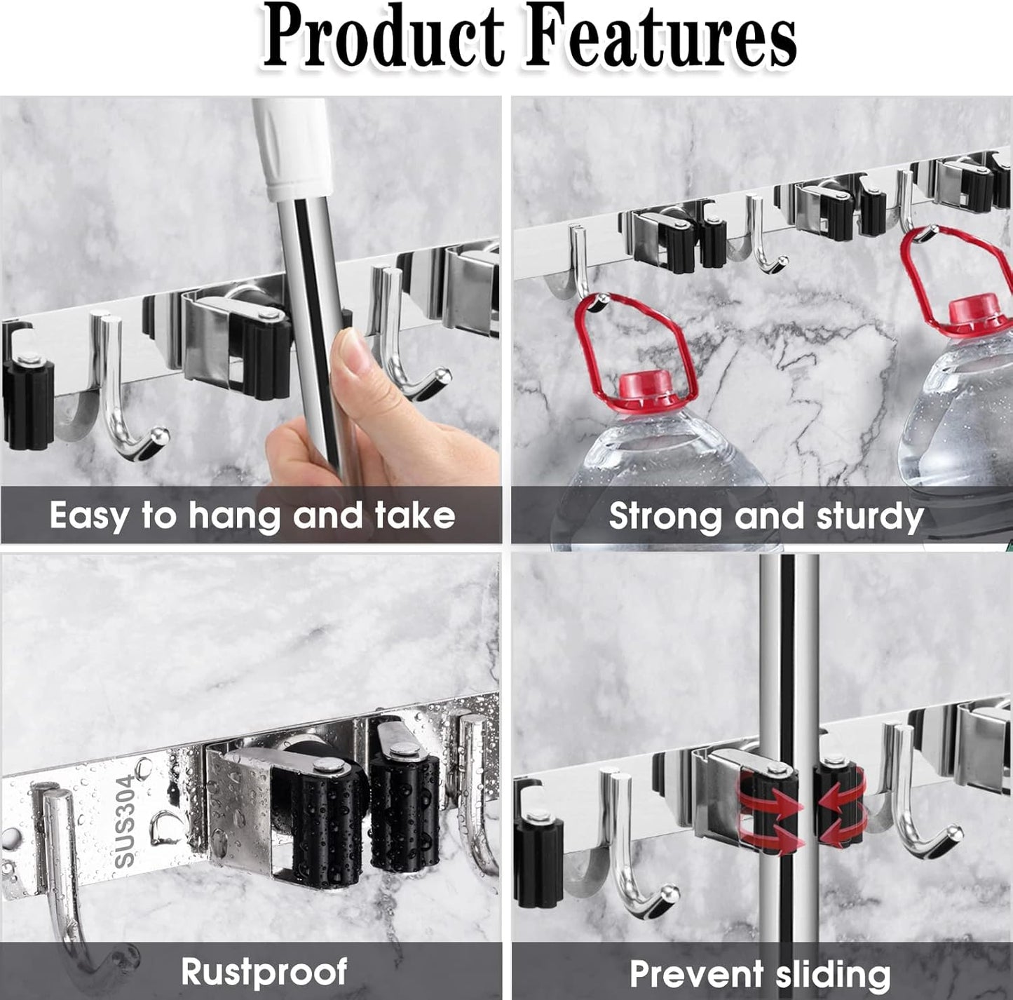 Skiennix Wall Mounted Broom & Mop Holder - Heavy Duty Stainless Steel Organizer | 2 Pack with 3 Racks & 4 Hooks