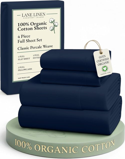 Lane Linen Organic Cotton Full Sheet Set - Eco-Friendly, Soft & Comfy, Fade Resistant, Navy
