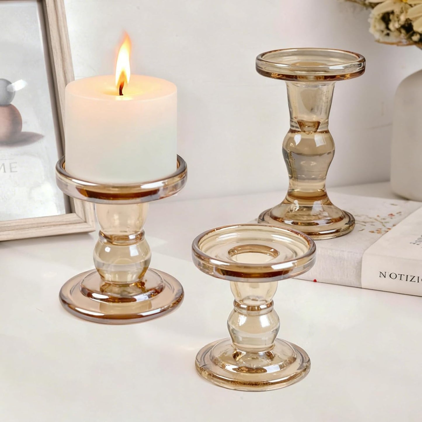 Skiennix Glass Candle Holders - Set of 3 Elegant Pillar Holders for Home Decor | Wedding Centerpiece