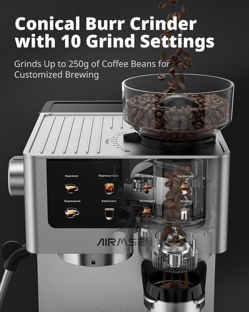 AIRMSEN Espresso Machine - 20 Bar Pressure with Burr Grinder & Milk Frother | Stainless Steel Coffee Maker for Home