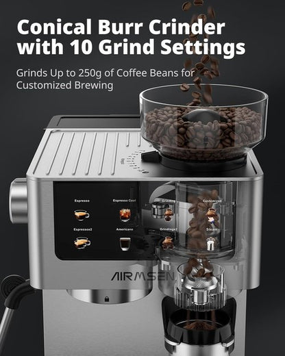 AIRMSEN Espresso Machine - 20 Bar Pressure with Burr Grinder & Milk Frother | Stainless Steel Coffee Maker for Home