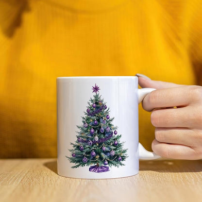 Purple Christmas Tree Mug - 11oz Ceramic Coffee Cup with White Variation