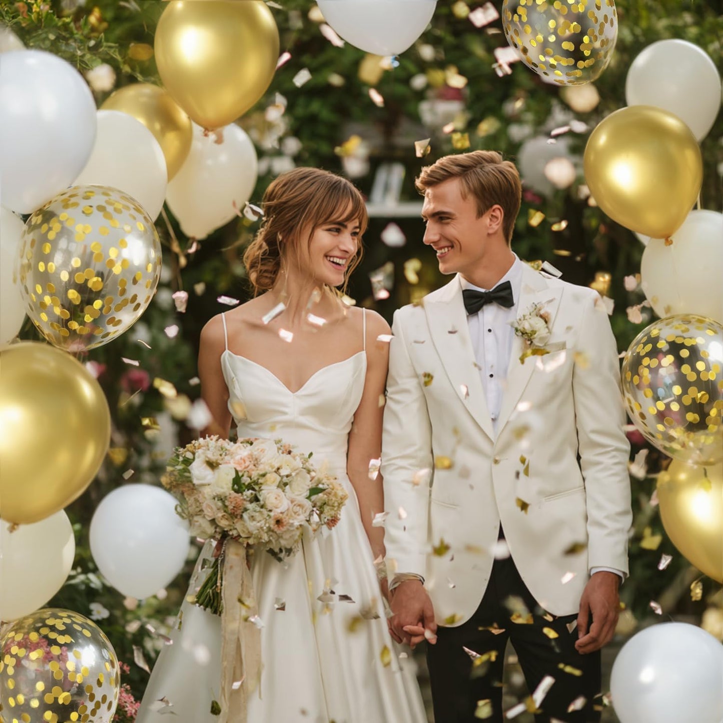 Skiennix White and Gold Confetti Balloons - 50pcs 12-Inch Metallic Latex for Birthday & Wedding Decor