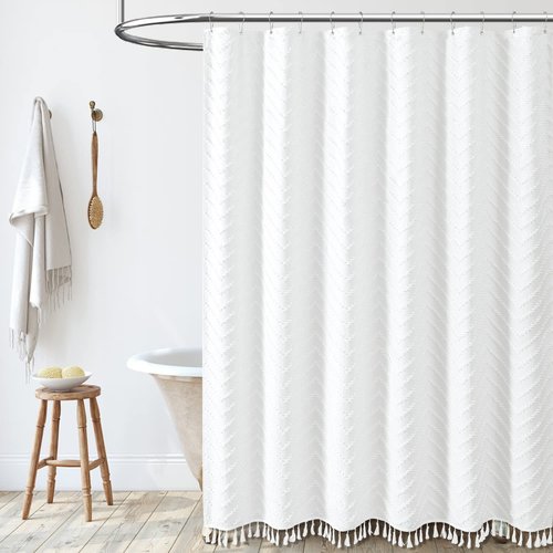 Dynamene Boho Farmhouse Shower Curtain, White Fabric Tufted Chevron Striped Textured Tassel Shower Curtains for Bathroom, Water Repellent, Minimalist Ruffled Cloth Shower Curtain Set with Hook, 72x72