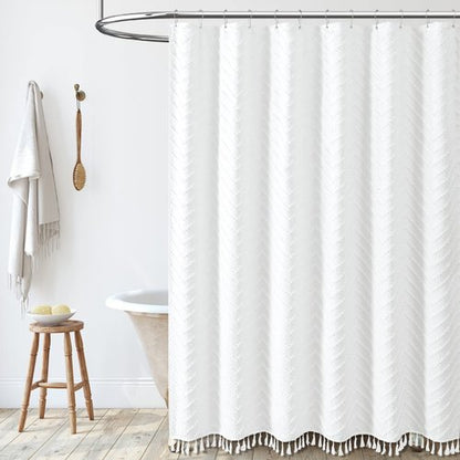 Dynamene Boho Farmhouse Shower Curtain, White Fabric Tufted Chevron Striped Textured Tassel Shower Curtains for Bathroom, Water Repellent, Minimalist Ruffled Cloth Shower Curtain Set with Hook, 72x72