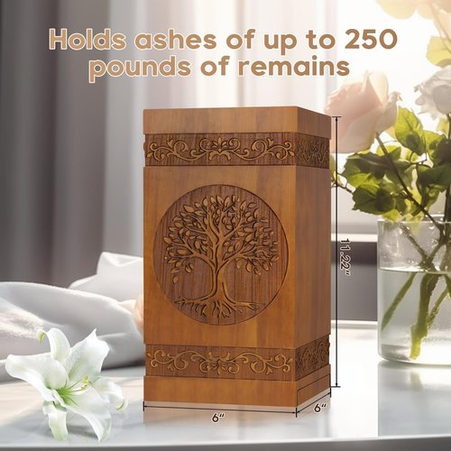 Celepeace Engraved Large Wooden Urn, 11 Inch Cremation Urn for Human Ashes (Tree of Life)