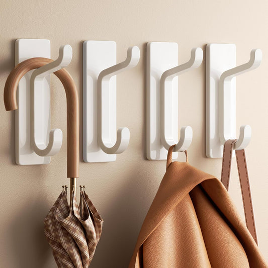 Pickpiff Wall Hooks - 13LB Strong Adhesive Coat & Towel Hangers | White 4-Pack