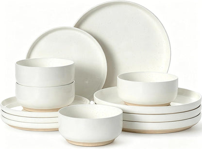 Skiennix Dinnerware Set - 12-Piece Scratch Resistant Plates & Bowls for 4 | Ceramic, Microwave & Dishwasher Safe, Cream White
