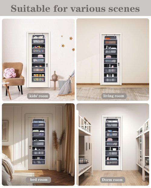 TIDY SAVANT Over The Door Organizer 44LB Capacity with 5 Large Pockets & 10 Mesh Side Pockets, Clear Window Anti-Tilt Hanging Storage for Nursery, Bathroom, Pantry - Dark Grey, 1 Pack