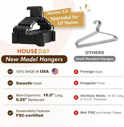 HOUSE DAY Black Plastic Hangers - 50 Pack Lightweight Slim Space-Saving Closet Organizers