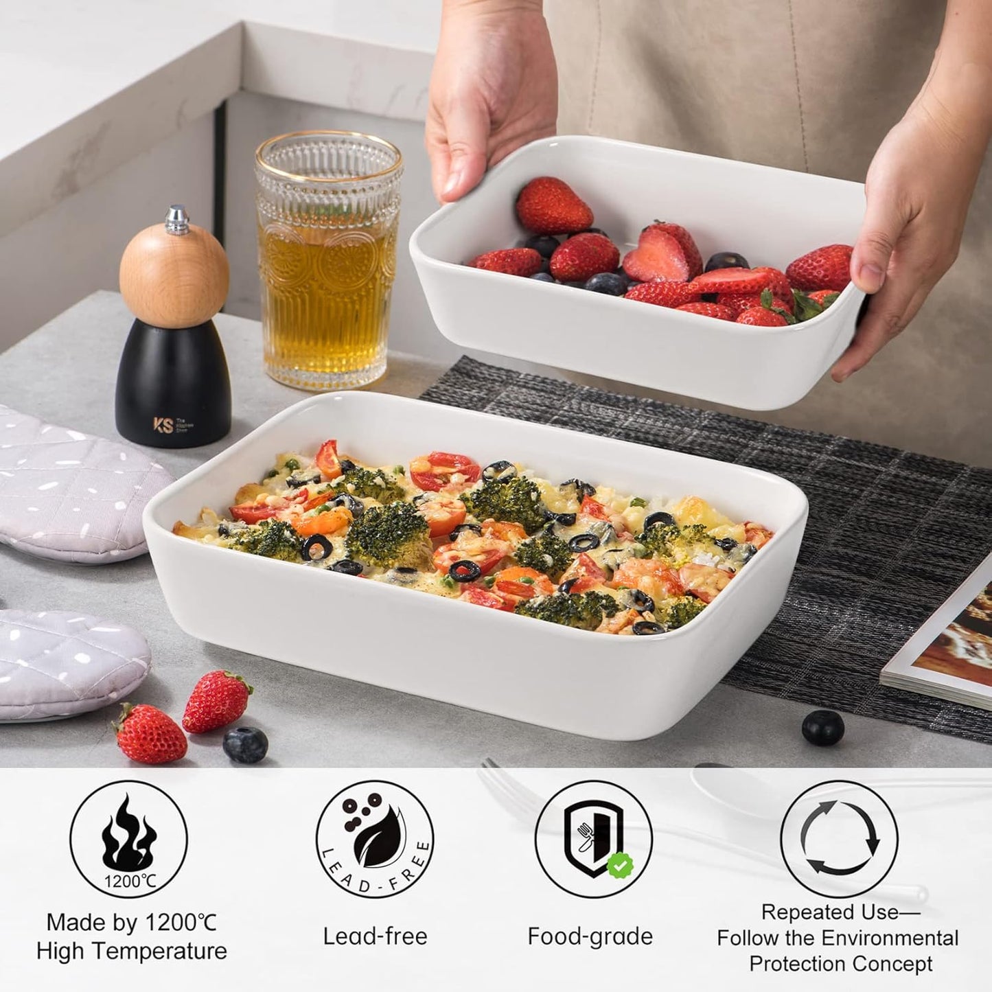 UNICASA Ceramic Oven Dishes - Set of 3 Rectangular Lasagne Dishes | Non-Stick Reactive Glaze, White