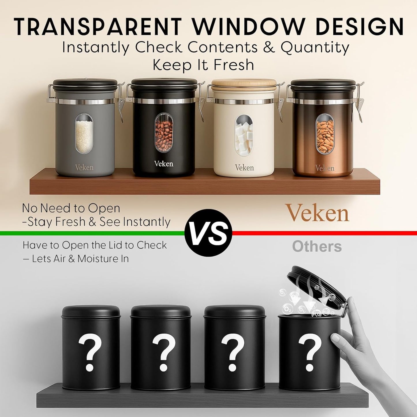 Veken Coffee Canister - Airtight Stainless Steel Storage Container with Window & Date Tracker | 22oz Cream