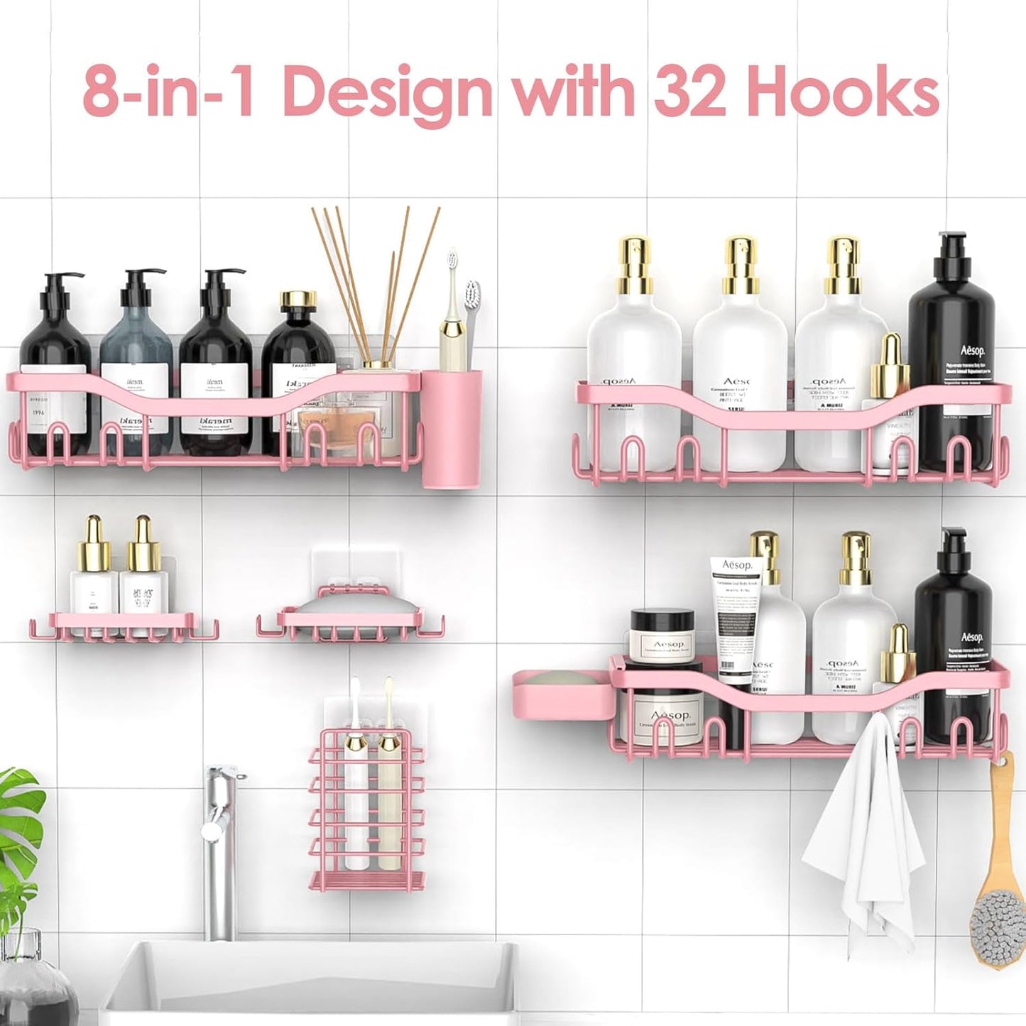 NESOMI Shower Caddy | Rustproof Stainless Steel Organizer - 8-Pack No-Drill Storage with Soap Dish & Hooks