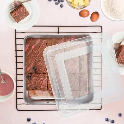 E-far 9 Inch Square Cake Pan Set - Non-Toxic Stainless Steel Bakeware with Lids | Easy Clean & Dishwasher Safe, 4 Pieces