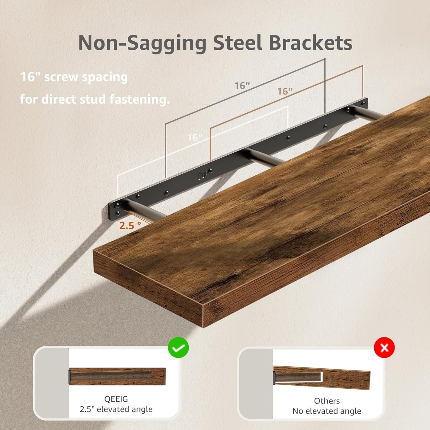 QEEIG Floating Shelves - Rustic Brown Wall Mounted Shelf Set of 2 | 39.4" Long for Home Decor & Display