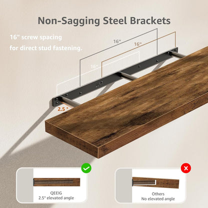 QEEIG Floating Shelves - Rustic Brown Wall Mounted Shelf Set of 2 | 39.4" Long for Home Decor & Display