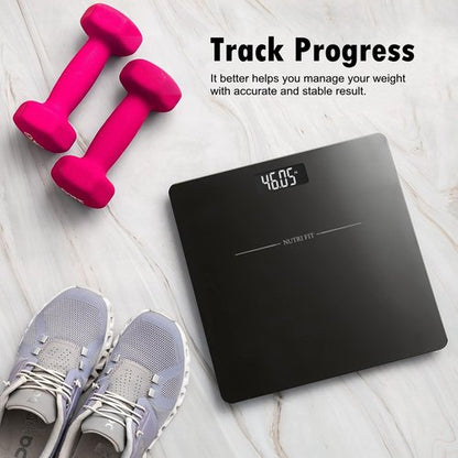 NUTRI FIT Digital Bathroom Scale for Body Weight Loss Watchers Electri Scales, 50g/0.1lb Discrepancy, Clear Backlit LCD Display and Step-On Techhology, 2*AAA Batteries Included, 330lb/150kg, Jet Black
