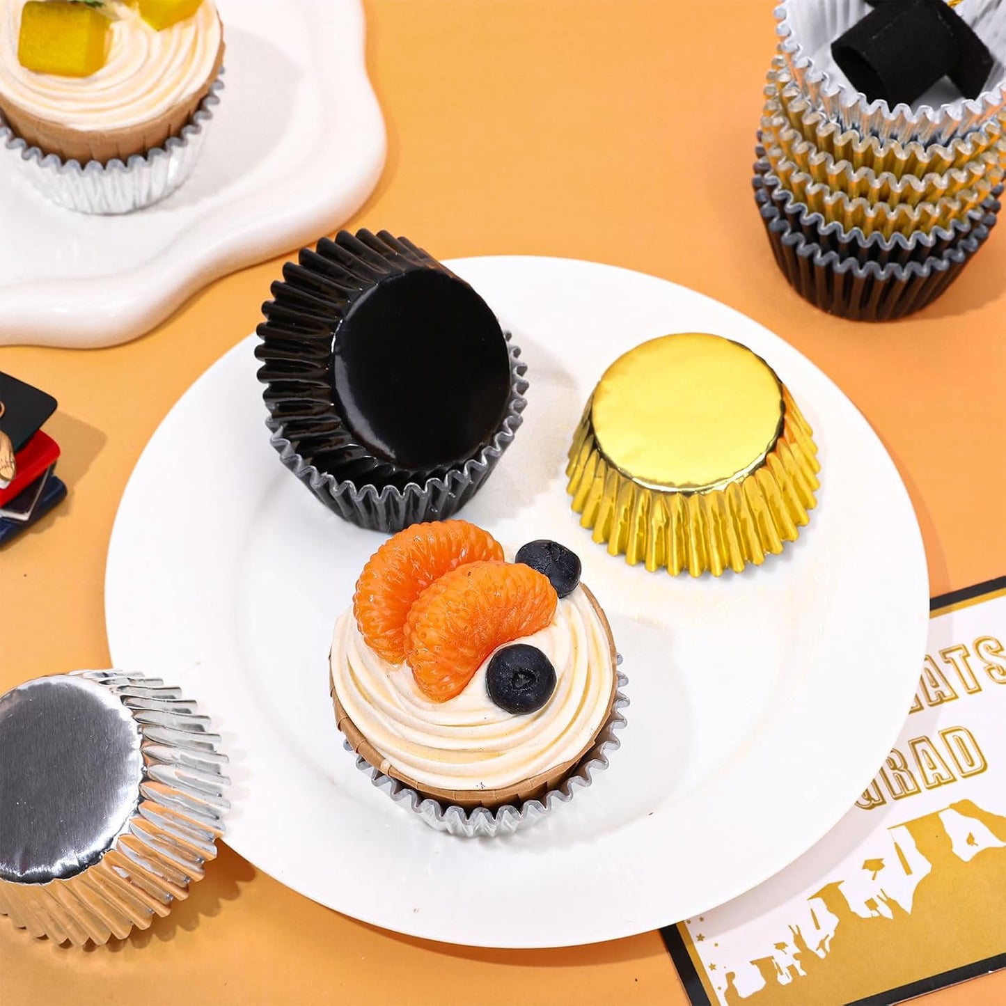 Whaline Graduation Foil Cupcake Liners - 300 Pcs Black, Silver & Gold Metallic Baking Cups for Parties