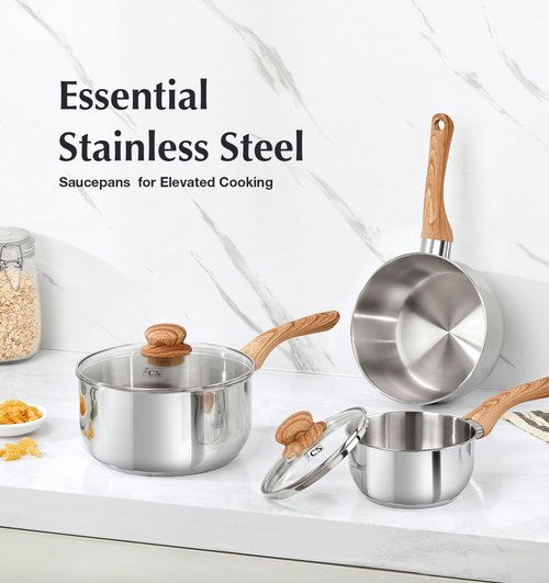 KOCH SYSTEME CS Stainless Steel Saucepan Set, 6 Piece Sauce Pan Set 1QT & 2QT & 3QT with Heat-resistant Bakelite Handle, Cool-Touch Stainless Steel Pot Set, Sauce Pans Induction Ready