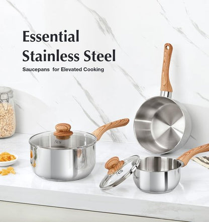 KOCH SYSTEME CS Stainless Steel Saucepan Set, 4-Piece Stainless Steel Sauce Pan with Cool-Touch Bakelite Handle, 1 QT & 2 QT Saucepan with Lid, Steel Pots Induction Ready