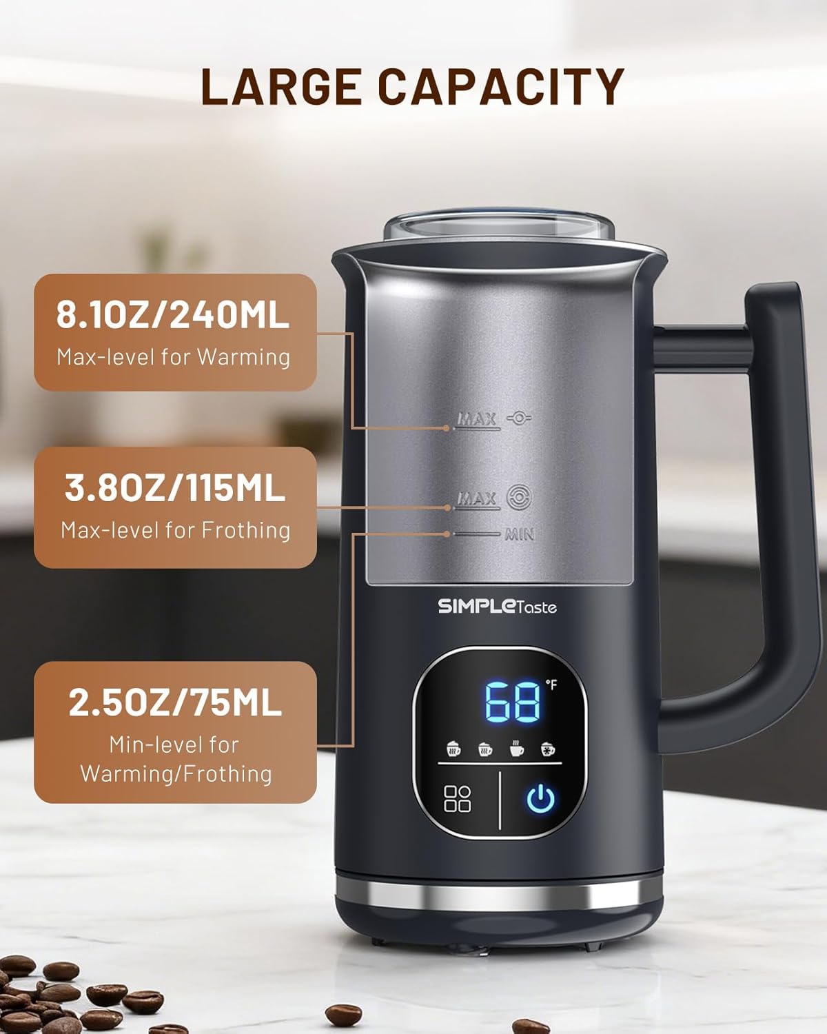 SIMPLETASTE Electric Milk Frother - 4-in-1 Touch Screen Steamer for Lattes, Cappuccinos & Macchiatos