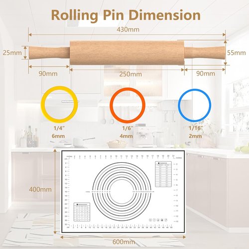 Classic Wooden Rolling Pin - 17" Beechwood with Handle & Pastry Mat | Ideal for Baking Pies, Cookies, & Pizza