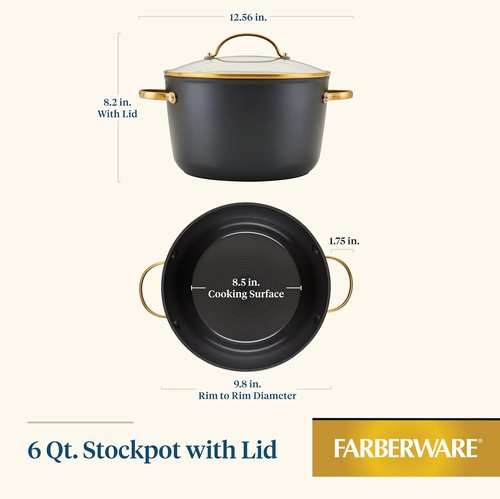 Farberware Forged Induction Ceramic Nonstick Stockpot - 6 Quart, Dishwasher Safe, Black & Gold