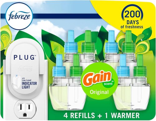 Febreze Plug-In Air Freshener Starter Kit - Odor-Fighting Gain Original Scent | Long-Lasting Warmer + 4 Refills