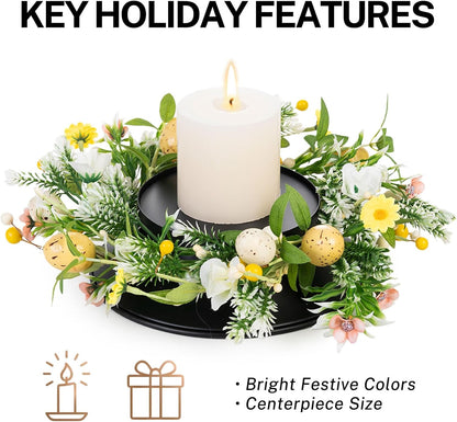 MOYEE Candle Holder Centerpiece - Black Metal Design with Artificial Flowers | 14-Inch Versatile Table Decor