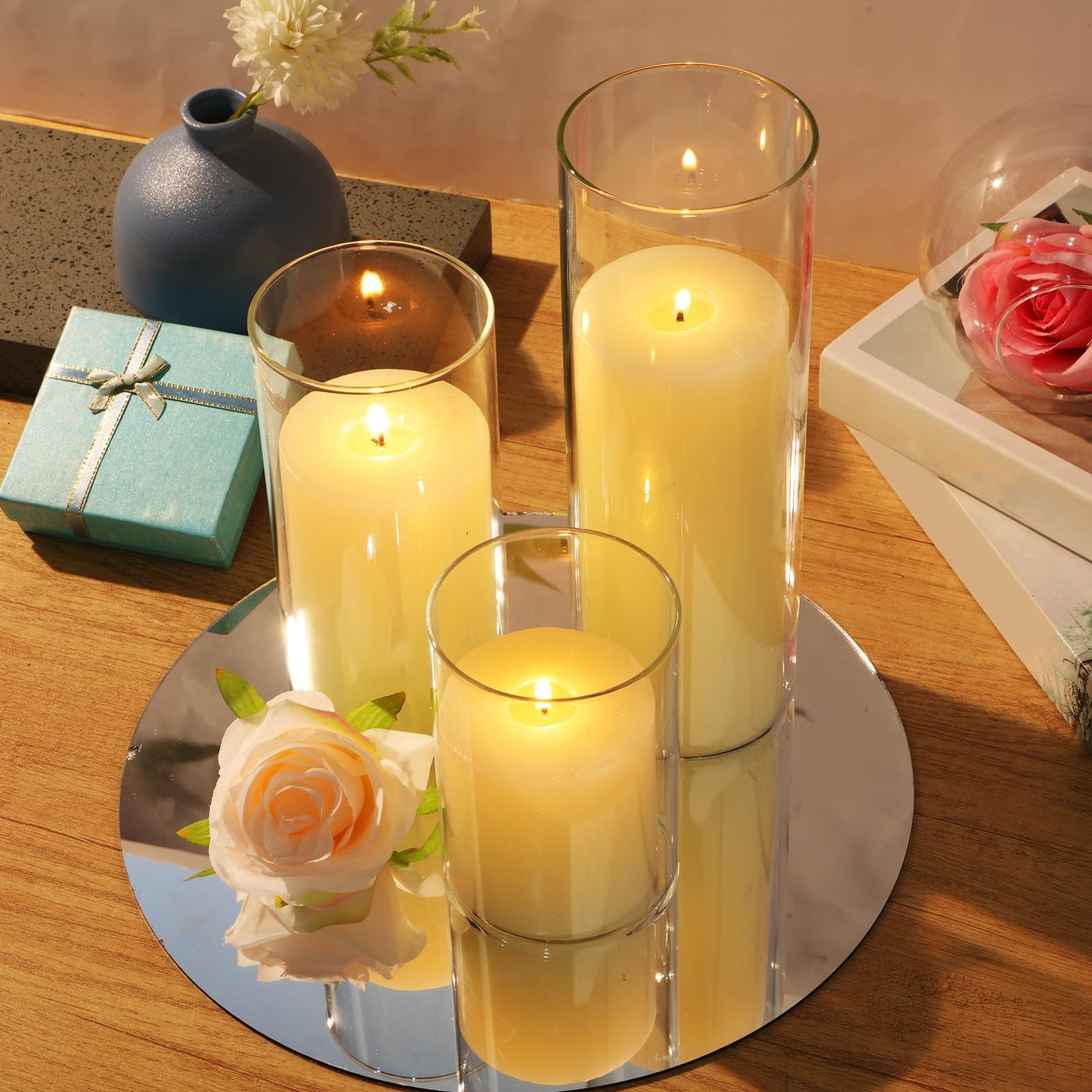 Shihanee Set of 6 Pillar Candles and Glass Cylinder Vases Clear Cylinder Holders for Slim Tall Pillar Candles Wedding Centerpieces(3.4'' x 4.7", 7", 9.8",Ivory White)