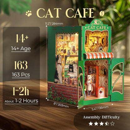 Skiennix Book Nook Kit - DIY Miniature Cat Cafe House for Adults & Teens | 3D Wooden Puzzle Decor