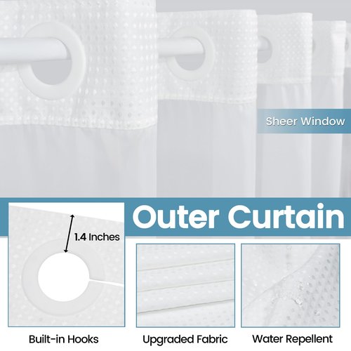EUTXL White No Hook Shower Curtain with Snap in Liner,230GSM Waffle Weave Shower Curtains for Bathroom,71W x 74H