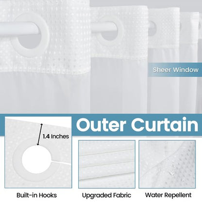 EUTXL White No Hook Shower Curtain with Snap in Liner,230GSM Waffle Weave Shower Curtains for Bathroom,71W x 74H