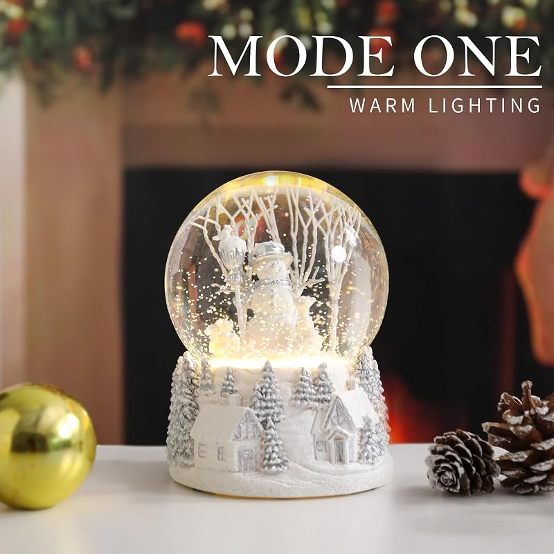Bdor Snowman Christmas Snow Globe - White Winter Scene, 8 Melodies, Dual Light Modes